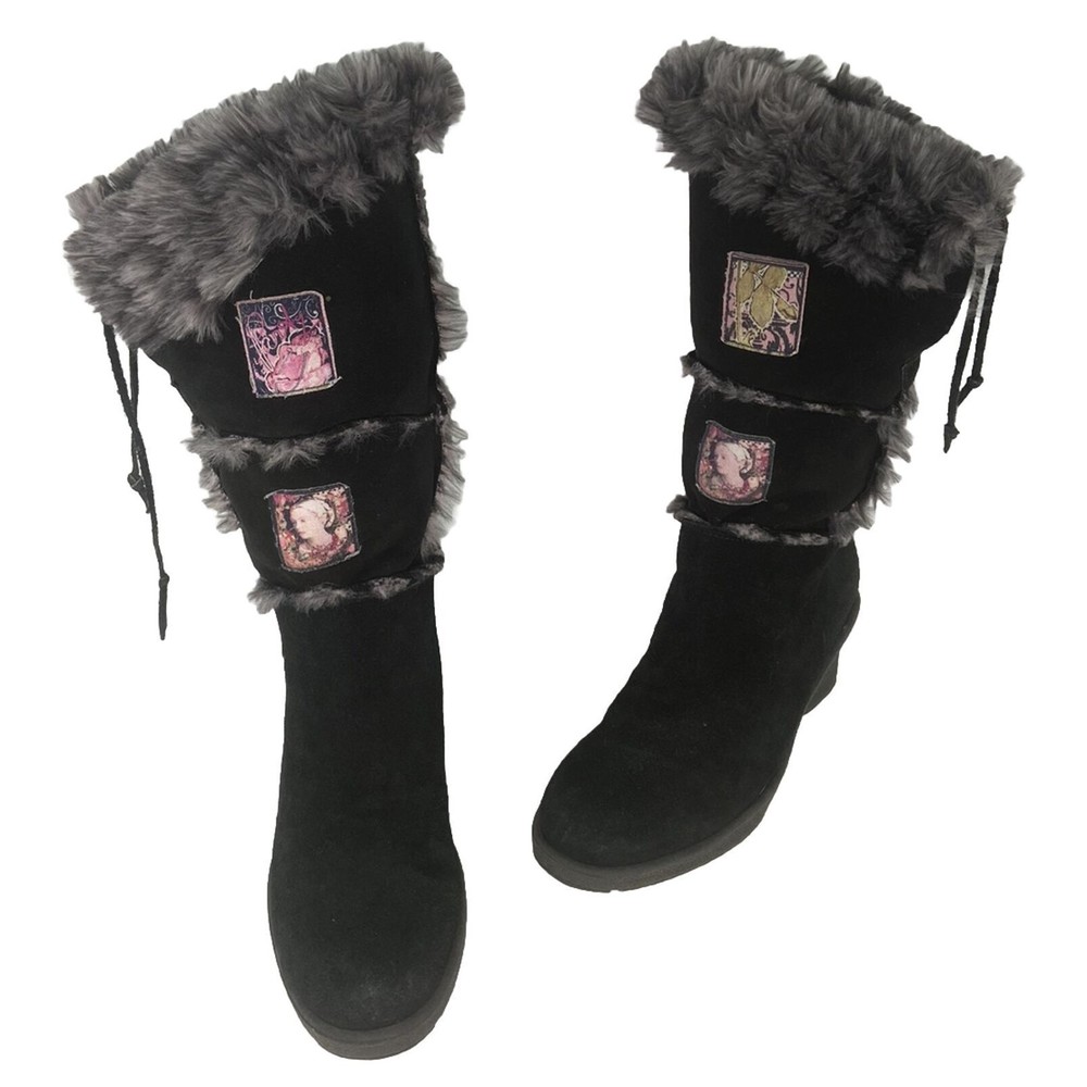 Linda Lundstrom Women's Size 8 Black Flux Fur Dress Boho Boots Bohemian